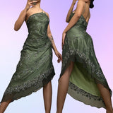 Forest Green Retro Fashion One Shoulder Absolutely Stunning Delicate Beaded Beaded Fairy Midi Green Sequin Silver White Floral Embroidered Long Chiffon Ball Gown Evening Gown Party Dress Prom Gown HZ1023