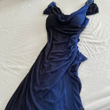Dark Blue Ombre Stunning Sparkling Retro Fashion Stunning Elegant Delicate Rhinestone Long Chiffon Ball Gown Evening Gown Birthday Party Dress Prom Gown Graduation Gown HZ1023