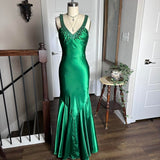 Green Shiny Vintage Fashion Sexy V-neck Rhinestone Bodycon Long Satin Backless Formal Prom Dress Evening Dress Party Dress HZ1023