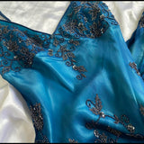 Dark blue gorgeous flowing vintage beautiful elegant delicate floral beaded spaghetti strap long chiffon ball gown evening dress party dress prom dress HZ1023