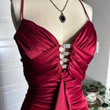 Red Retro Fashion Elegant Exquisite Rhinestone Long Slim Fit Ruffled Spaghetti Straps Ball Gown Evening Gown Party Dress Prom Gown HZ1023