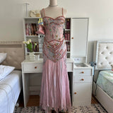 Pale Pink and Blue Flowing Vintage Fashion Mermaid Beaded Bodice Beaded with Sequins Beautiful Unique Glitter Elegant Long Chiffon Tulle Ball Gown Evening Gown Party Dress Prom Gown HZ1023