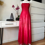 Red Pink Gradient Retro Shiny Fashion Stunning Elegant Delicate Floral Beaded Backless Lace Up Long Tulle Formal Prom Dress Evening Gown Birthday Party Gown Prom Gown Graduation Gown HZ1023