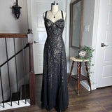 Black Vintage Fashion Elegant Delicate Beaded Sweetheart Neck Spaghetti Straps Long Tulle Chiffon Ball Gown Evening Gown Party Dress Prom Gown HZ1023