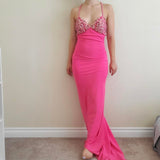 Pink Fashion Elegant V-neck Exquisite Beading Spaghetti Strap Backless Lace-up Long Satin prom dress Evening Dress Party Dress HZ1023