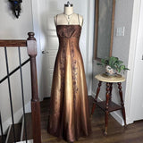 Gradient Tan Brown Gold Bronze Vintage Elegant Exquisite Beading Long Tulle Satin Floor Length Ball Gown Evening Gown Party Gown Graduation Gown HZ1023
