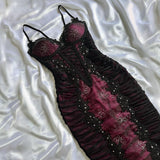 Berry pink stunning vintage fashion pleated mesh midi length elegant lace ball gown evening dress birthday party dress prom dress HZ1023