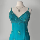 Blue fashion shiny elegant exquisite beading spaghetti straps long Tulle women's prom dress evening dress party dress HZ1023