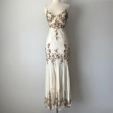 Ivory White Gorgeous Vintage Delicate Gold Brown Beaded Spaghetti Straps Fairy Long Chiffon Ball Gown Evening Gown Party Gown Wedding Guest Gown Homecoming Gown Graduation Gown Prom Gown HZ1023