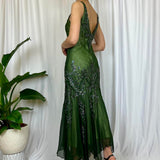 Green Vintage V Neck Elegant Exquisite Beaded Long Chiffon Ball Gown Evening Gown Party Dress Prom Gown HZ1023