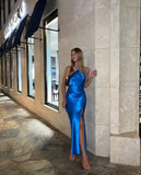 Blue Sexy Mermaid Strapless Slit Long Ball Gown Evening Dress HZ1023