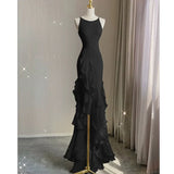 Black/Wine Red/White Fashion Elegant Spaghetti Strap Backless Long Chiffon Mermaid Slim Ruffle Ball Gown HZ1023