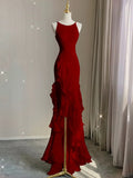 Black/Wine Red/White Fashion Elegant Spaghetti Strap Backless Long Chiffon Mermaid Slim Ruffle Ball Gown HZ1023