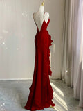 Black/Wine Red/White Fashion Elegant Spaghetti Strap Backless Long Chiffon Mermaid Slim Ruffle Ball Gown HZ1023
