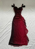Burgundy Shiny Elegant Off Shoulder Ruffles Fashion Elegant Long Prom Dress Evening Gown Party Dress HZ1023