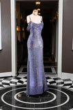 Purple Gorgeous Shiny Elegant Fashion Sequin Spaghetti Strap Long Sexy Side Slit Prom Dress Evening Dress Party Dress HZ1023