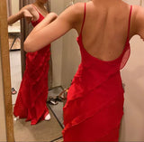 Red Maxi Prom Dress With Frill Detail Backless Party Dress HZ1023