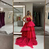 Hot Pink Tulle Tiered Floor Length Maxi Ball Gown Evening Dress HZ1023