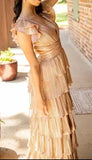 Gold Fashion Elegant Simple A-line Layered Long Sexy Slit Satin Ball Gown Evening Dress HZ1023