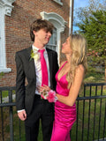 Hot Pink Sexy Fashion V Neck Mermaid Long Elegant Satin Prom Dress, Evening Dress, Birthday Costume Party Dress HZ1023