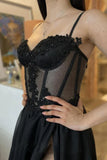 Black Shiny Sequin Applique Sexy A-Line Long Tulle Prom Gown Evening Dress Birthday Party Dress Costume HZ1023