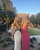 Champagne V-neck black lace mermaid long slim evening dress ball gown wedding guest dress HZ1023