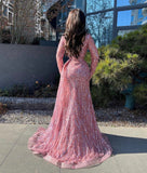 Long sleeved sequins a line prom dress shiny pink evening gown with slit HZ1023