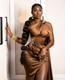 Brown fashion elegant sexy one shoulder long beaded slit mermaid ball gown evening dress party dress with ruffles HZ1023