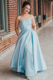 Blue fashion elegant exquisite pearl beading long satin ball gown evening dress HZ1023
