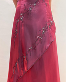 Burgundy Vintage Beaded Long Ball Gown Evening Dress Floor Length Party Dress with Scarf HZ1023