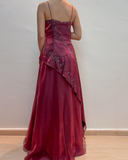 Burgundy Vintage Beaded Long Ball Gown Evening Dress Floor Length Party Dress with Scarf HZ1023