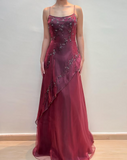 Burgundy Vintage Beaded Long Ball Gown Evening Dress Floor Length Party Dress with Scarf HZ1023