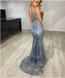 Blue gorgeous shiny spaghetti strap bodycon long tulle ball gown mermaid evening dress HZ1023