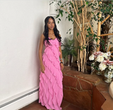 Pink Spaghetti Straps Fashion Elegant Long Chiffon Ruffle Ball Gown Evening Dress Party Dress HZ1023