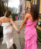 Pink Spaghetti Straps Fashion Elegant Long Chiffon Ruffle Ball Gown Evening Dress Party Dress HZ1023