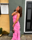 Pink Spaghetti Straps Fashion Elegant Long Chiffon Ruffle Ball Gown Evening Dress Party Dress HZ1023