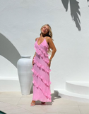 Pink Spaghetti Straps Fashion Elegant Long Chiffon Ruffle Ball Gown Evening Dress Party Dress HZ1023