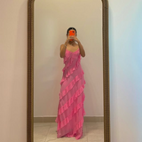 Pink Spaghetti Straps Fashion Elegant Long Chiffon Ruffle Ball Gown Evening Dress Party Dress HZ1023