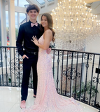 Pink strapless exquisite applique mermaid long tulle ball gown evening dress HZ1023