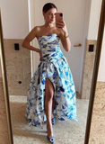 Strapless Print Floral Long Prom Dress Evening Gown HZ1023