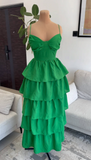 Green Spaghetti Straps Layered Long Prom Dress HZ1023