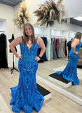 Blue shiny V neck bodycon long elegant sequin ball gown evening dress HZ1023