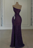Purple Gorgeous Shiny Elegant Spaghetti Strap Beading Sexy Slit Long Mermaid Slim Sequin Ball Gown Evening Dress HZ1023