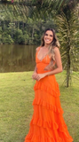 Orange Elegant Sexy V-neck Spaghetti Straps Long Chiffon Ruffles Ball Gown Evening Dress Party Dress HZ1023