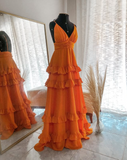 Orange Elegant Sexy V-neck Spaghetti Straps Long Chiffon Ruffles Ball Gown Evening Dress Party Dress HZ1023