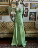 Green V-neck exquisite embroidery long satin ball gown evening dress HZ1023