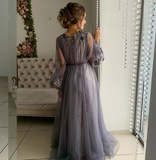 Grey/blue/green elegant delicate floral applique long sleeves maxi tulle ball gown evening dress party dress HZ1023