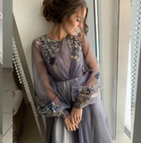 Grey/blue/green elegant delicate floral applique long sleeves maxi tulle ball gown evening dress party dress HZ1023