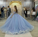Blue shiny elegant cute sweet exquisite beaded long tulle princess ball gown, evening dress, adult ceremony dress HZ1023