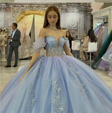 Blue shiny elegant cute sweet exquisite beaded long tulle princess ball gown, evening dress, adult ceremony dress HZ1023